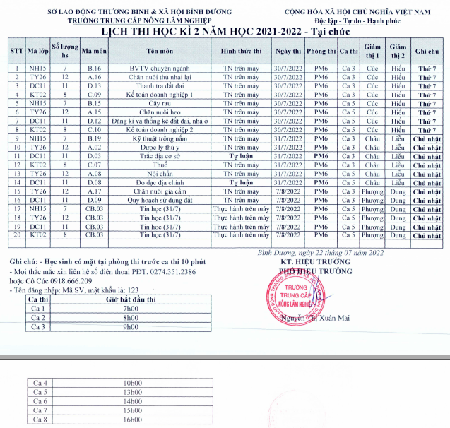 Lịch thi HK2, năm học 2021-2022 các lớp vừa làm vừa học (từ 30/7/2022 đến 7/8/2022)